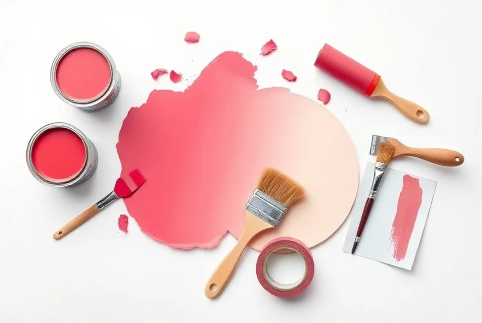 Pots de peinture, nuancier, brosses et rouleaux disposés à plat