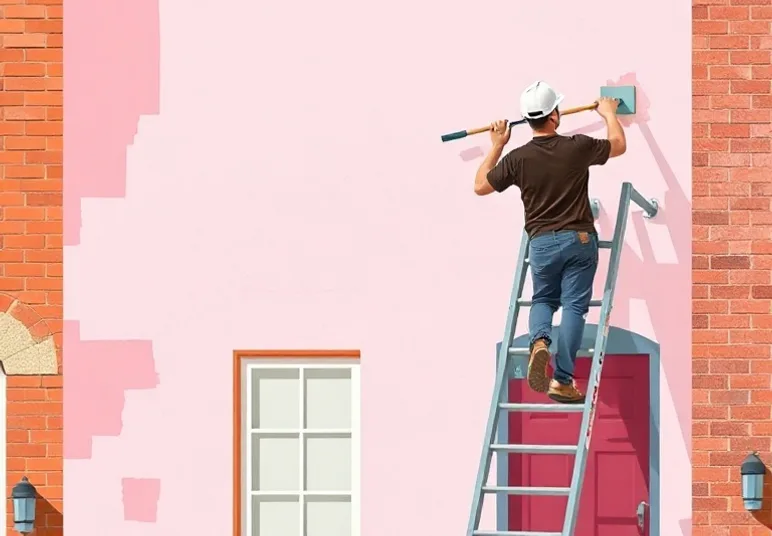 Peintre sur échafaudage traitant la façade d'une maison